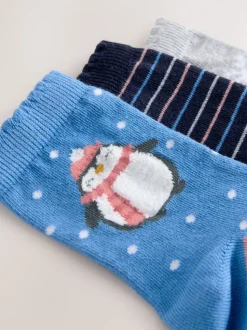Blue and Grey Cotton Rich Chirstmas Character Ankle Socks 3 Pack