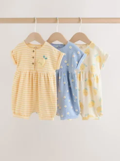 Blue and Lemon Printed Button T Shirt Jersey 3 Pack Baby Rompers