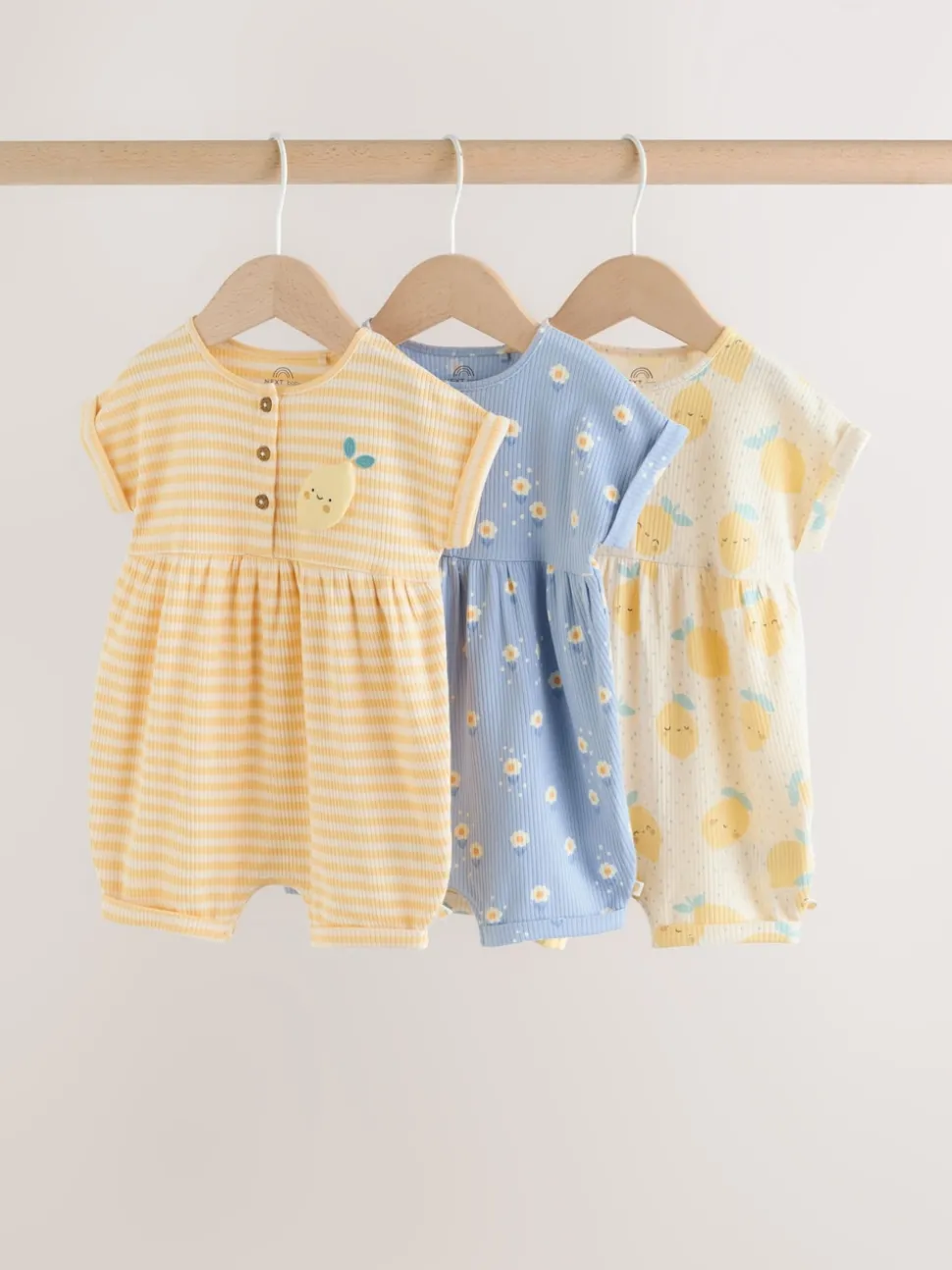 Blue and Lemon Printed Button T Shirt Jersey 3 Pack Baby Rompers