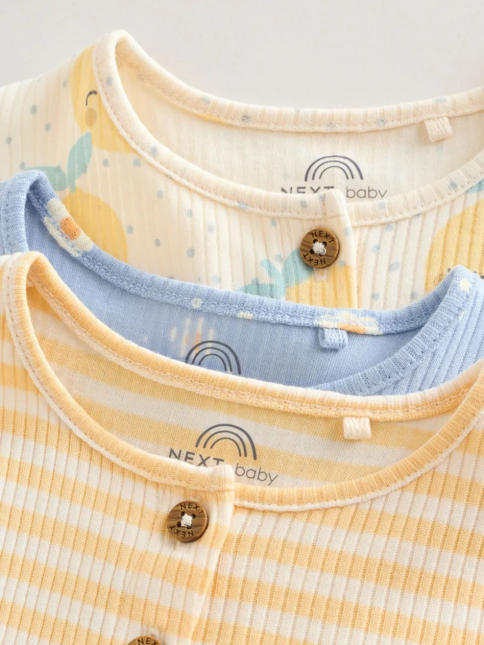 Blue and Lemon Printed Button T Shirt Jersey 3 Pack Baby Rompers