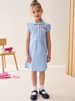 Blue Cotton Rich Button Front Lace Gingham School Dress (3-14yrs)