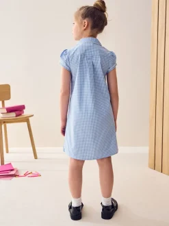 Blue Cotton Rich Button Front Lace Gingham School Dress (3-14yrs)