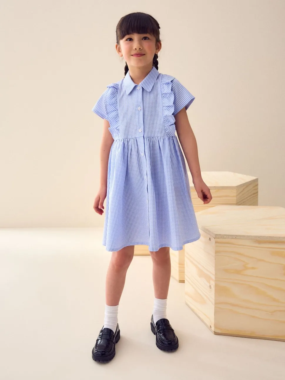 Blue Cotton Rich Frill Gingham School Dress (3-14yrs)