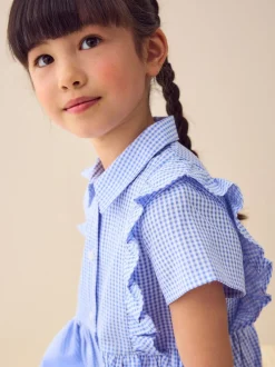 Blue Cotton Rich Frill Gingham School Dress (3-14yrs)