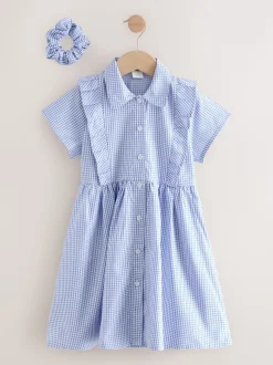 Blue Cotton Rich Frill Gingham School Dress (3-14yrs)