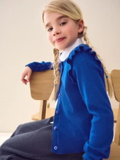 Blue Cotton Rich Frill Shoulder School Cardigan (3-16yrs)