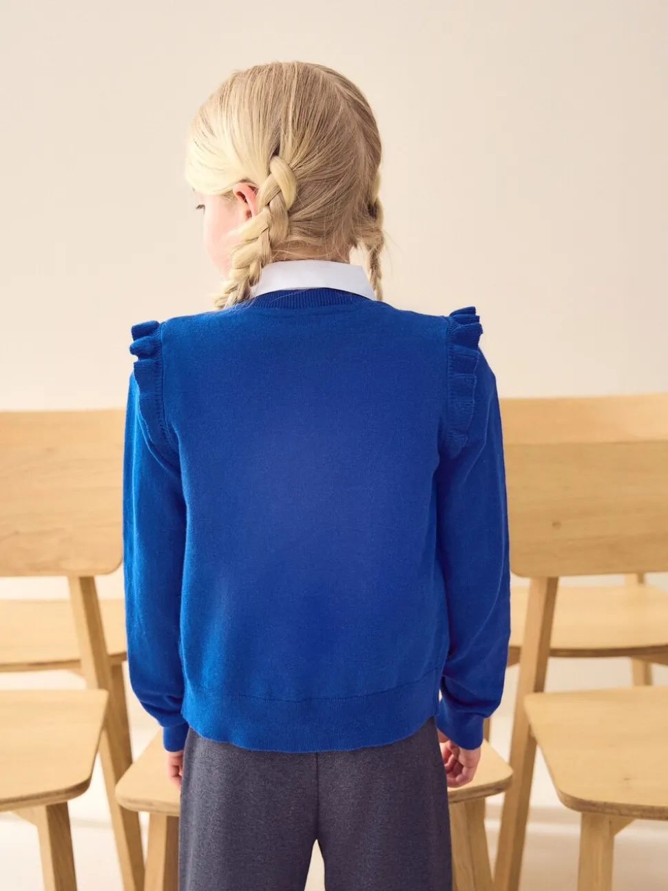 Blue Cotton Rich Frill Shoulder School Cardigan (3-16yrs)
