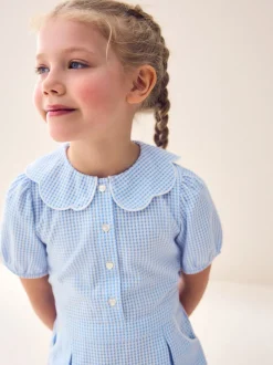 Blue Cotton Rich Scalloped Collar Gingham School Dress (3-14yrs)