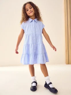 Blue Cotton Rich School Gingham Tiered Shirt Collar Dress (3-14yrs)