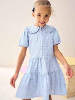 Blue Cotton Rich School Gingham Tiered Pretty Collar Dress (3-14yrs)