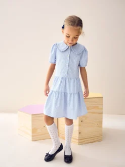 Blue Cotton Rich School Gingham Tiered Pretty Collar Dress (3-14yrs)