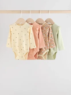 Blue/Cream/Coral Ditsy Baby Long Sleeve Frill Bodysuits 4 Pack (0mths-2yrs)