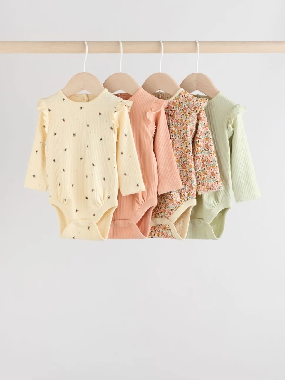Blue/Cream/Coral Ditsy Baby Long Sleeve Frill Bodysuits 4 Pack (0mths-2yrs)