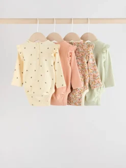 Blue/Cream/Coral Ditsy Baby Long Sleeve Frill Bodysuits 4 Pack (0mths-2yrs)