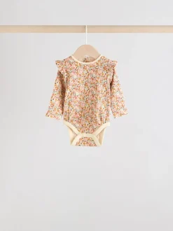Blue/Cream/Coral Ditsy Baby Long Sleeve Frill Bodysuits 4 Pack (0mths-2yrs)