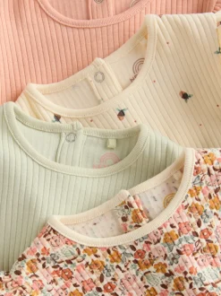 Blue/Cream/Coral Ditsy Baby Long Sleeve Frill Bodysuits 4 Pack (0mths-2yrs)