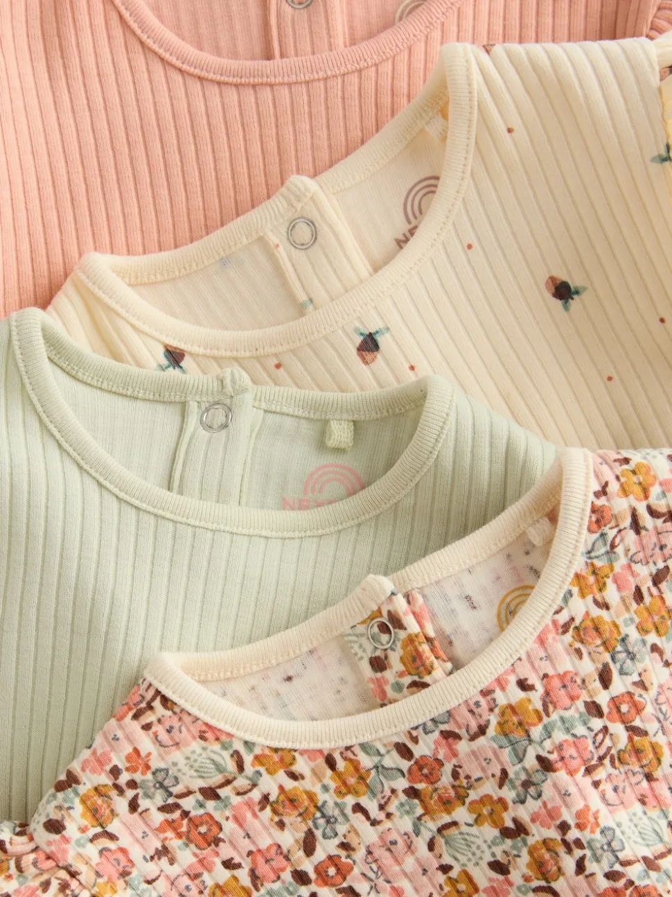 Blue/Cream/Coral Ditsy Baby Long Sleeve Frill Bodysuits 4 Pack (0mths-2yrs)