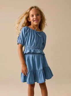 Blue Denim Puff Sleeve Blouse and Skirt Set (3-16yrs)