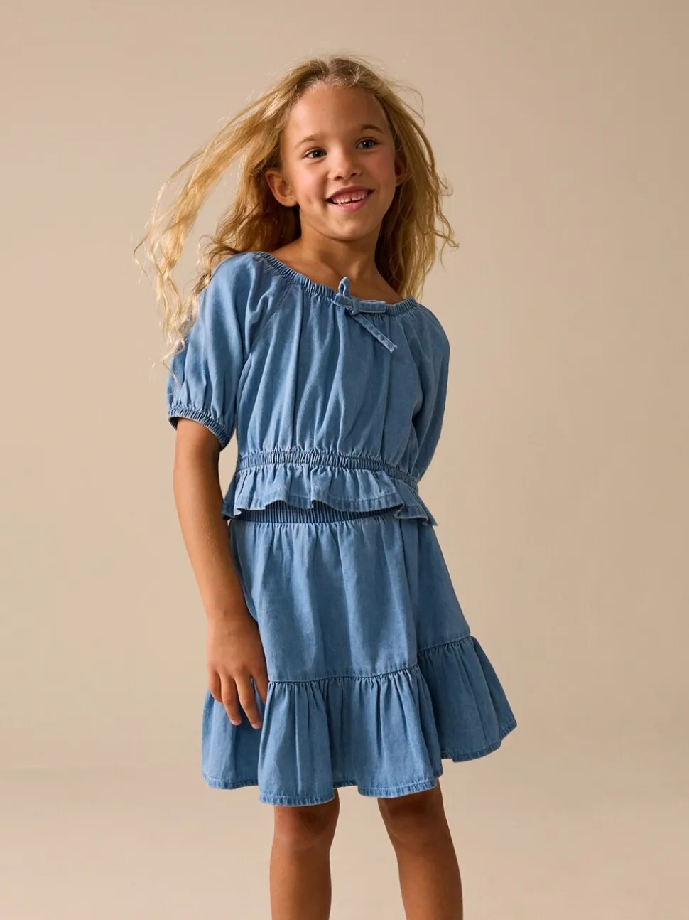 Blue Denim Puff Sleeve Blouse and Skirt Set (3-16yrs)