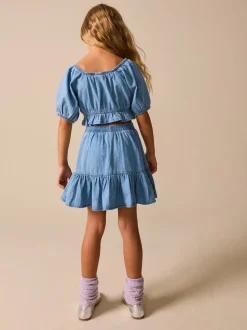 Blue Denim Puff Sleeve Blouse and Skirt Set (3-16yrs)