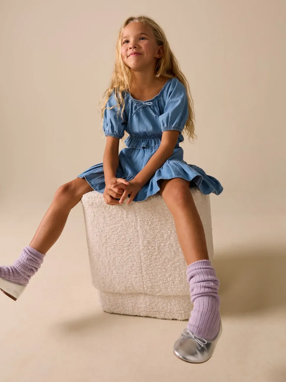 Blue Denim Puff Sleeve Blouse and Skirt Set (3-16yrs)