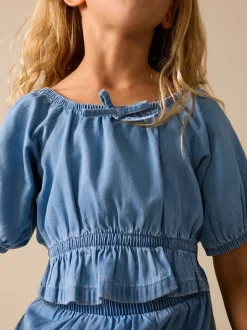 Blue Denim Puff Sleeve Blouse and Skirt Set (3-16yrs)