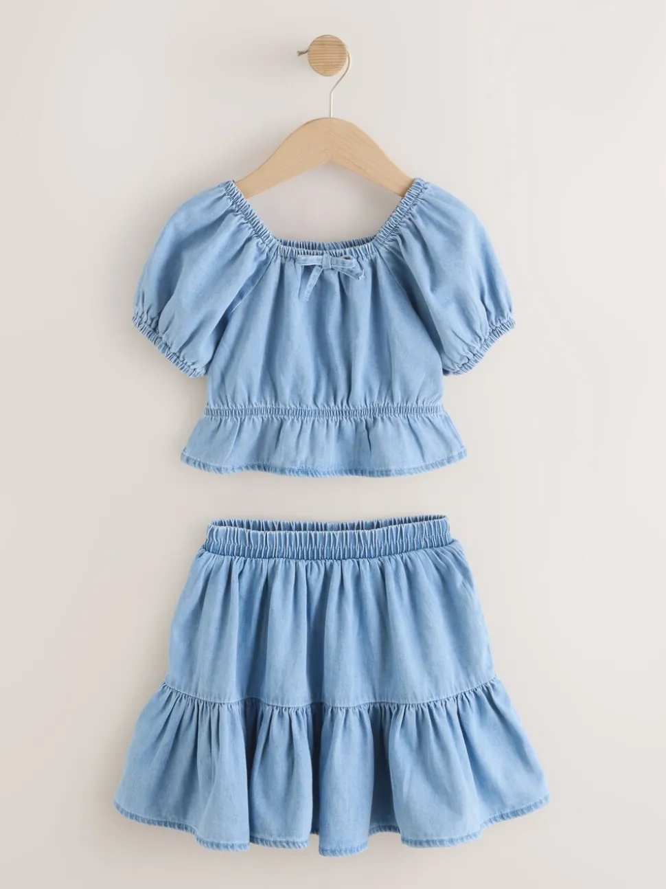 Blue Denim Puff Sleeve Blouse and Skirt Set (3-16yrs)