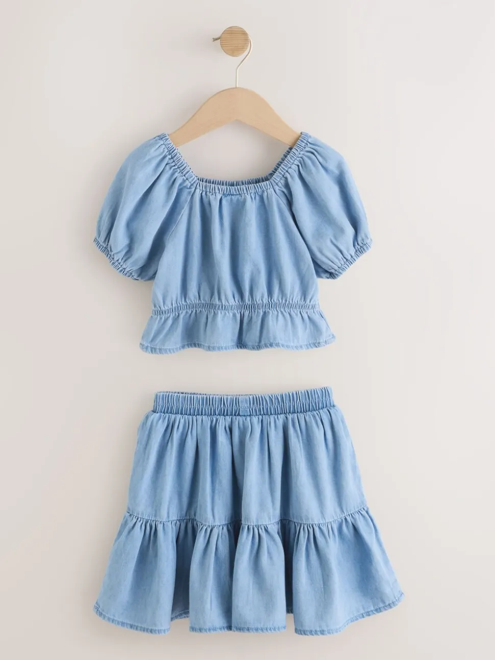 Blue Denim Puff Sleeve Blouse and Skirt Set (3-16yrs)