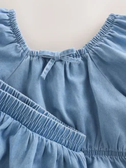 Blue Denim Puff Sleeve Blouse and Skirt Set (3-16yrs)