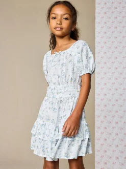Blue Ditsy Stripe Puff Sleeve Blouse and Skirt Set (3-16yrs)