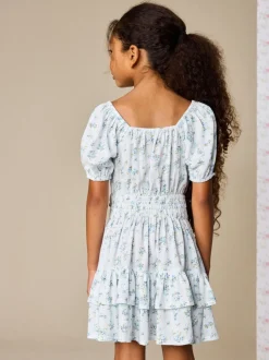 Blue Ditsy Stripe Puff Sleeve Blouse and Skirt Set (3-16yrs)