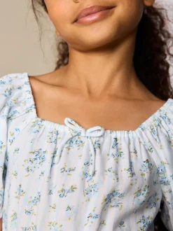 Blue Ditsy Stripe Puff Sleeve Blouse and Skirt Set (3-16yrs)