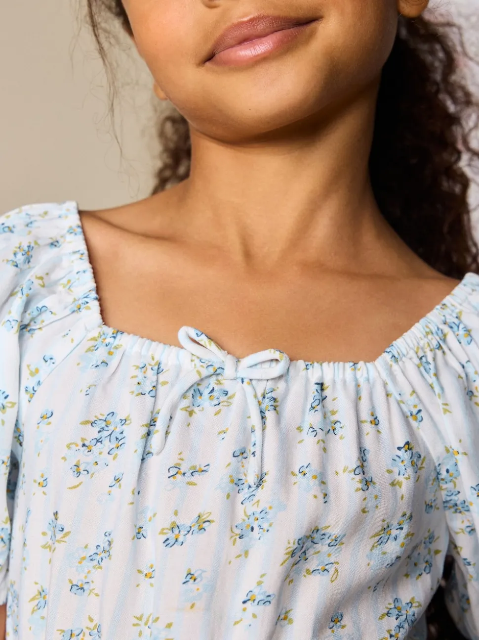 Blue Ditsy Stripe Puff Sleeve Blouse and Skirt Set (3-16yrs)