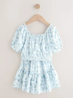 Blue Ditsy Stripe Puff Sleeve Blouse and Skirt Set (3-16yrs)