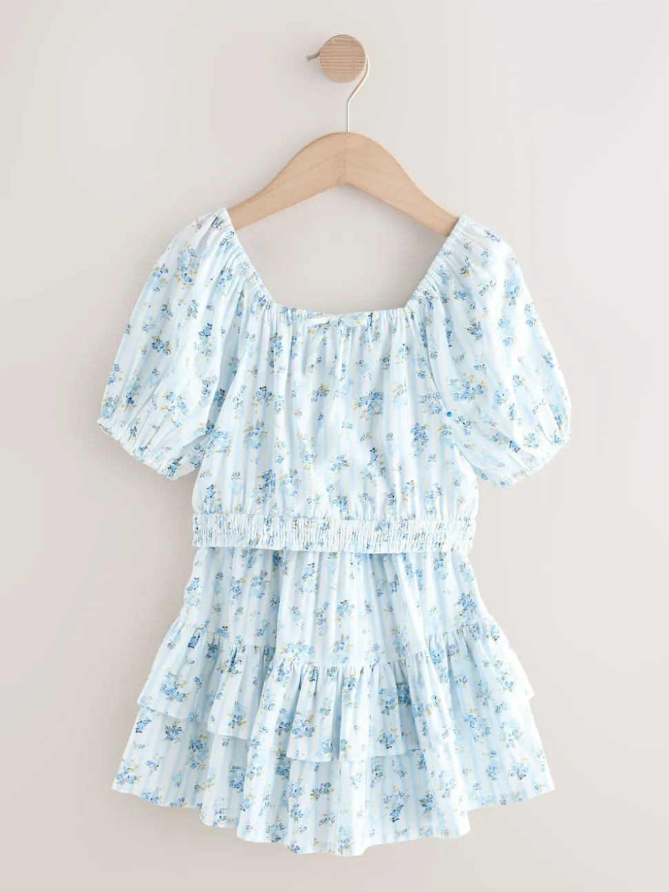 Blue Ditsy Stripe Puff Sleeve Blouse and Skirt Set (3-16yrs)