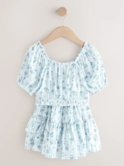 Blue Ditsy Stripe Puff Sleeve Blouse and Skirt Set (3-16yrs)