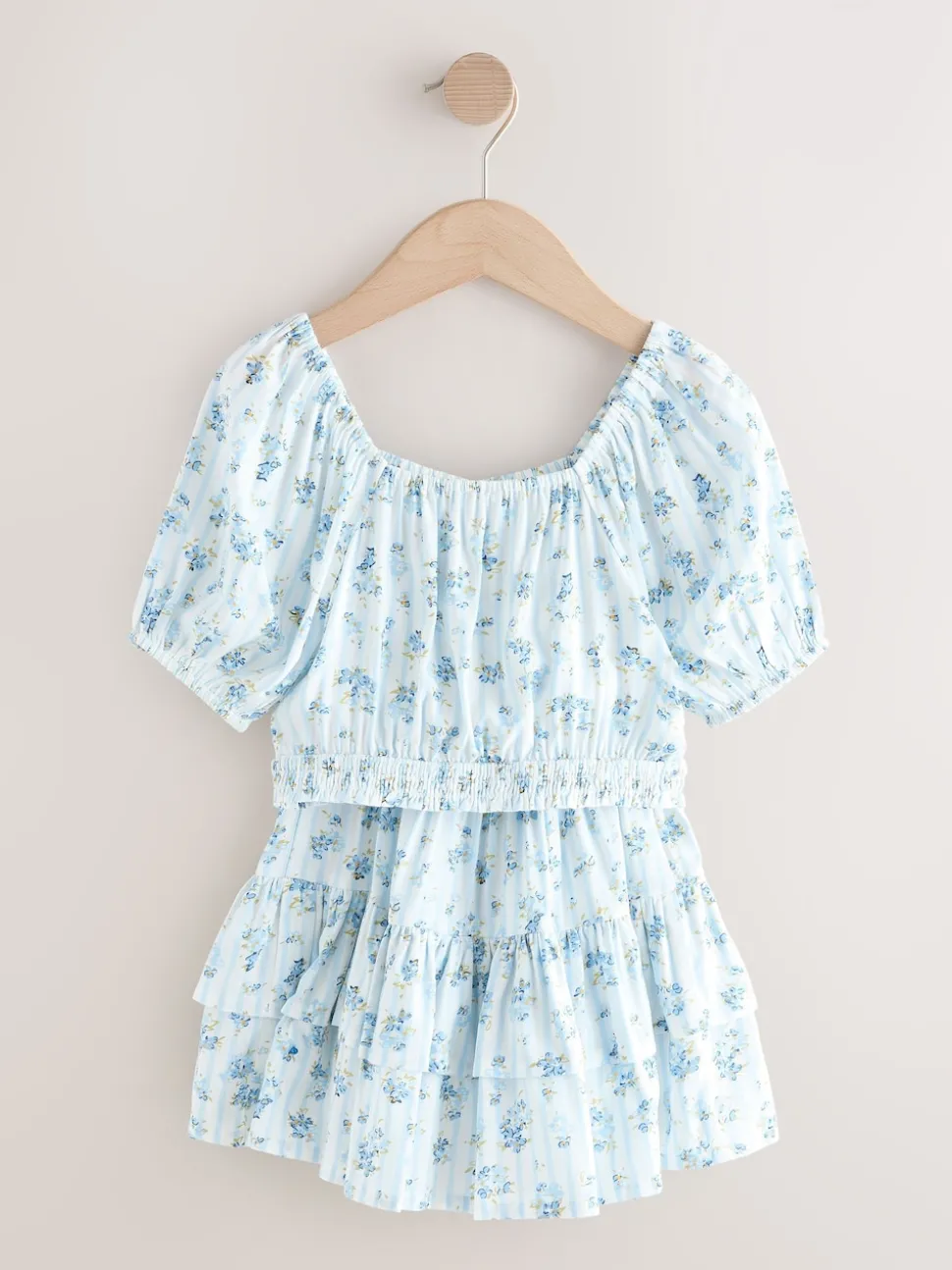Blue Ditsy Stripe Puff Sleeve Blouse and Skirt Set (3-16yrs)