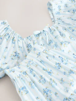 Blue Ditsy Stripe Puff Sleeve Blouse and Skirt Set (3-16yrs)