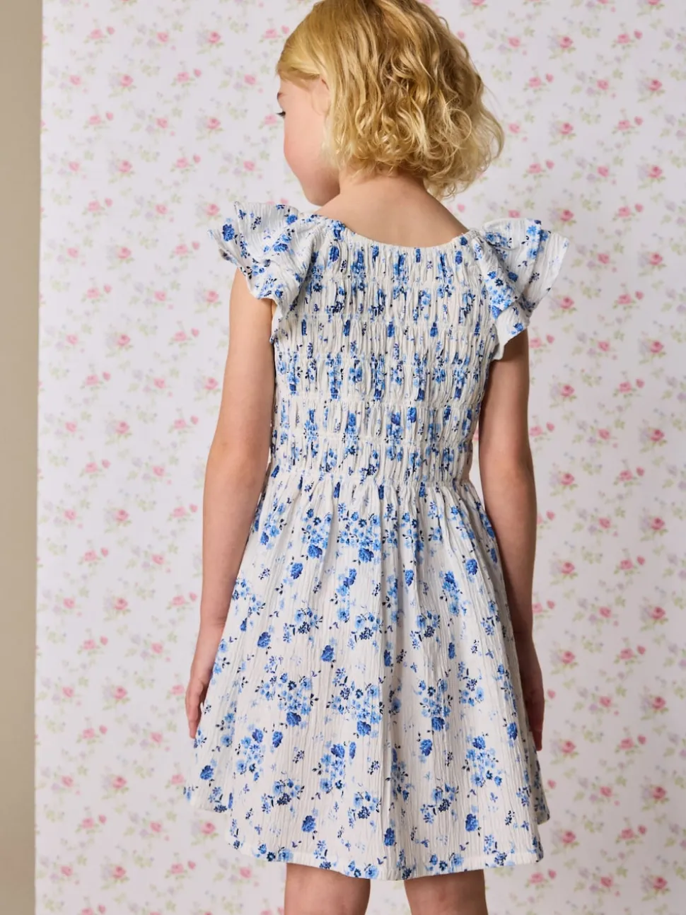 Blue Floral Smocked Frill Sleeve Dress (3-16yrs)