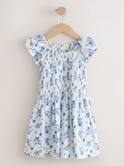 Blue Floral Smocked Frill Sleeve Dress (3-16yrs)