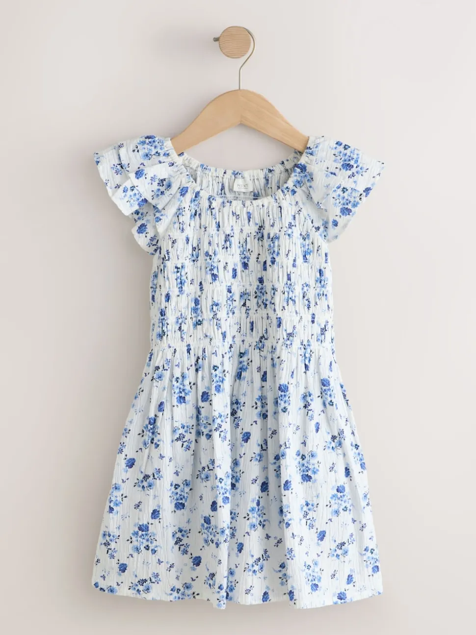 Blue Floral Smocked Frill Sleeve Dress (3-16yrs)