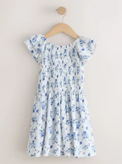 Blue Floral Smocked Frill Sleeve Dress (3-16yrs)