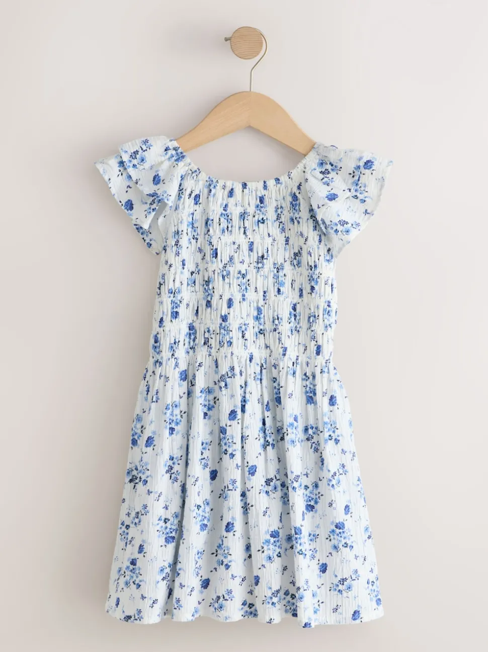 Blue Floral Smocked Frill Sleeve Dress (3-16yrs)
