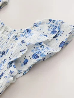 Blue Floral Smocked Frill Sleeve Dress (3-16yrs)