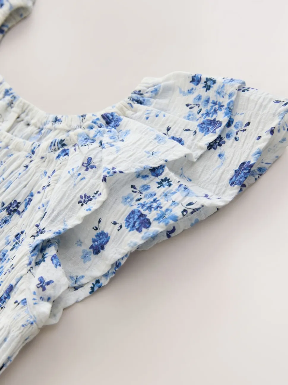Blue Floral Smocked Frill Sleeve Dress (3-16yrs)