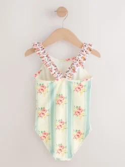 Blue Floral Stripe Frill Swimsuit (3-16yrs)