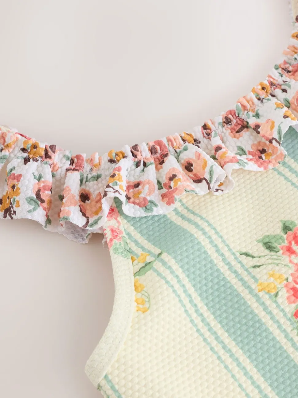 Blue Floral Stripe Frill Swimsuit (3-16yrs)