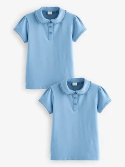 Blue 2 Pack Cotton Stretch Frill Collar School Polo Tops (3-16yrs)