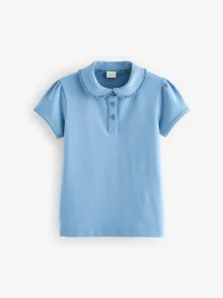Blue 2 Pack Cotton Stretch Frill Collar School Polo Tops (3-16yrs)