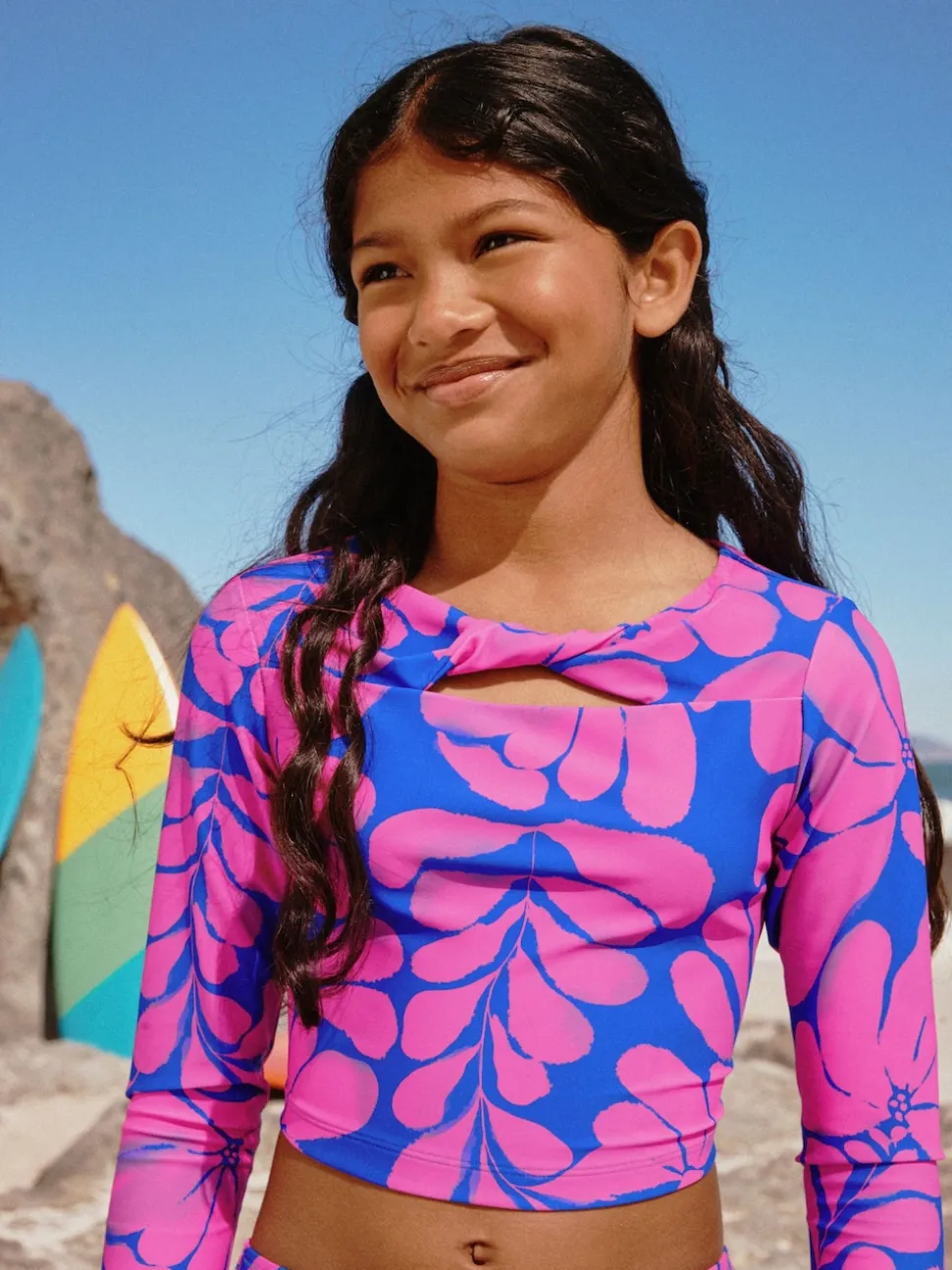 Blue/Pink Floral Print Long Sleeved Bikini (3-16yrs)
